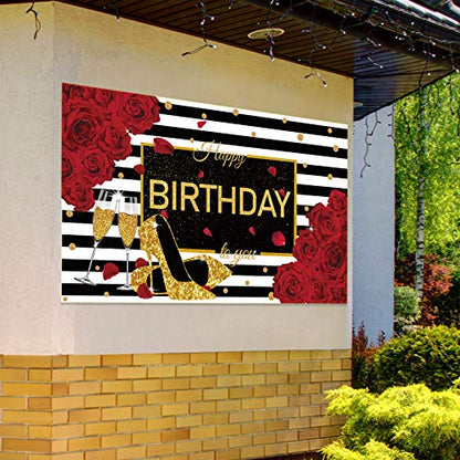Sumind Happy Birthday Backdrop Red Glitter Roses Party Decor Black White Stripes Banner Gold High Heels Champagne Glass Photography Background for Women Birthday Party Supplies, 72.8 x 43.3 Inch