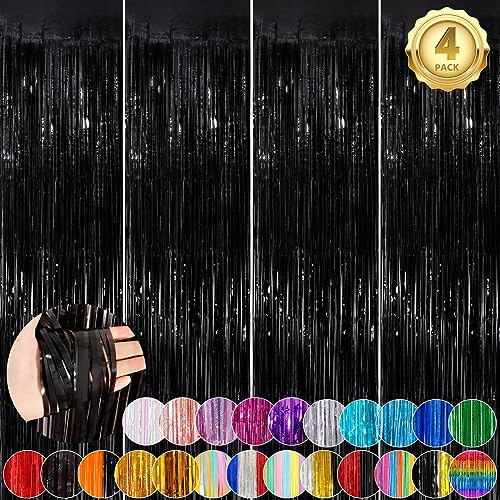 Black Metallic Tinsel Foil Fringe Curtains, 4 Pack 3.3x8.3 Feet Party Streamer Curtains for Birthday Party Decorations, Halloween Decor, Foil Curtain Backdrop for Bachelorette Party - color: Black, size: 4 Pack