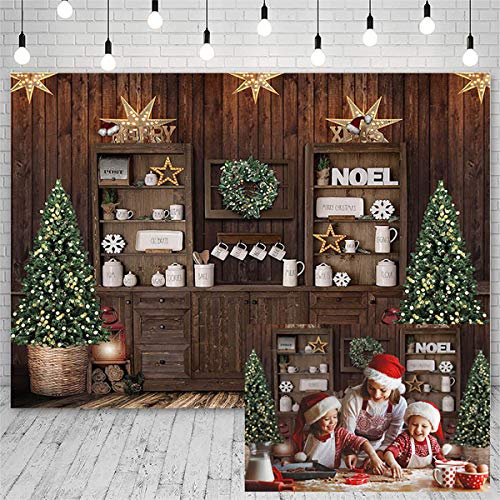 Mocsicka Christmas Kitchen Photography Backdrop Retro Wood Wall Cooking House Family Party Background Pine Tree Decoration Xmas Baby Kids Portrait Photo Studio Photobooth Props (7x5ft)