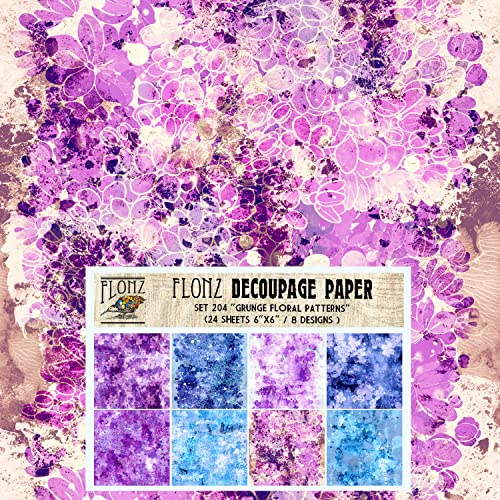 Decoupage Paper Pack (24 Sheets 6"x6") Rustic Grunge Floral # Vintage Styled Seamless Art Deco Pattern Paper for Decoupage, Craft and Scrapbooking - color: Four