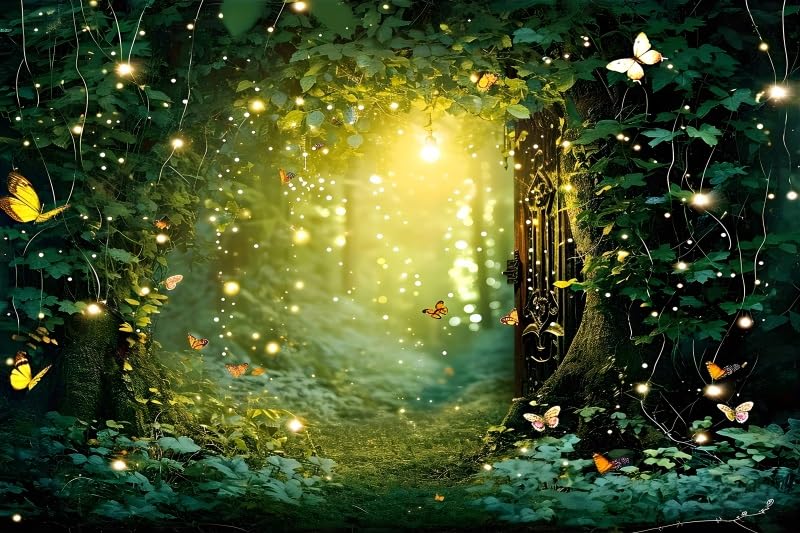Laeacco Enchanted Forest Backdrop Polyester 7x5FT Fairy Tale Forest Photography Background Wonderland Fireflies Butterfly Newborn Baby Shower Birthday Party Decor Banner Photo Booth Studio Shoot Props - size: 7x5FT-Polyester