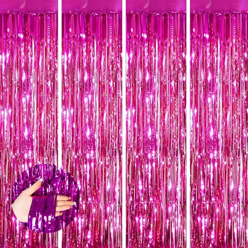 Valentines Day 4 Pack 3.3 * 8.3 ft Foil Curtain Metallic Tinsel Fringe Curtains Photo Booth Props Backdrop for Birthday Wedding Engagement Baby Shower Christmas Holiday Celebration Partyl,Hot Pink - color: Hot Pink, size: 4 Pack