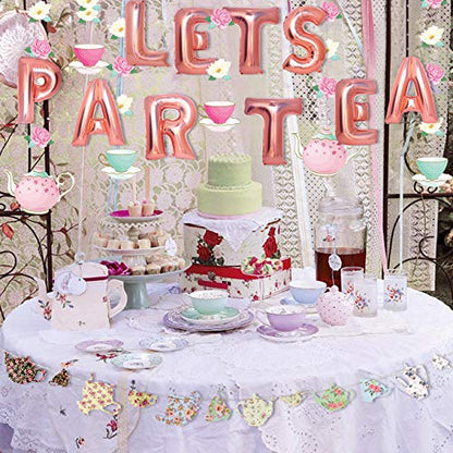 Mity rain Tea Party Decorations - Floral Teapots Teacups Balloons Banner Hanging Decorations for Baby Shower Bridal Shower Girls Birthday Party Supplies - style: Balloons + Banners