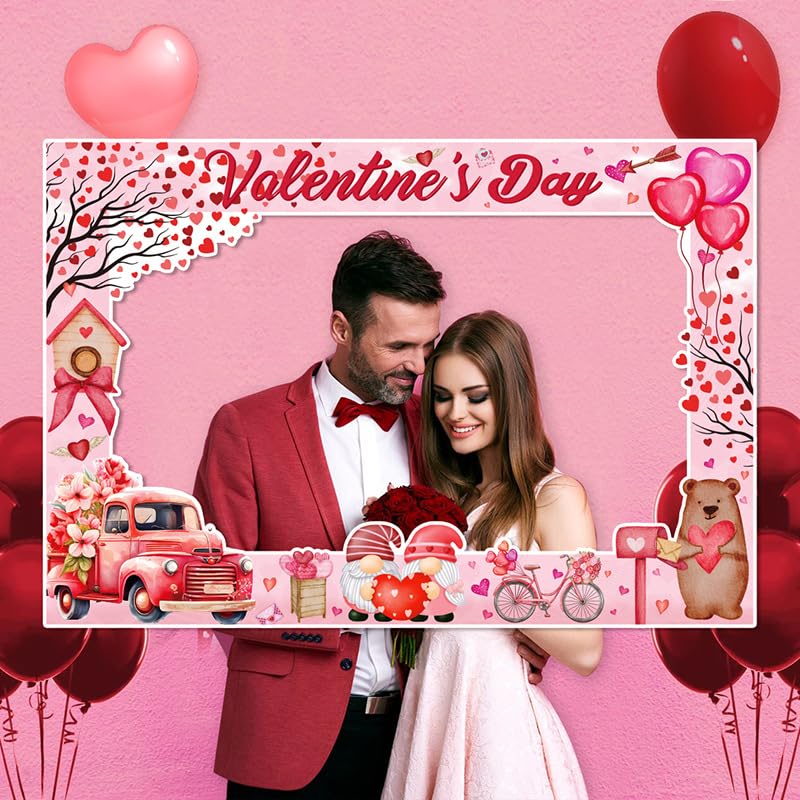 Valentine's Day Photo Booth Props Frame Selfie Lovers Photobooth Props, Creative Funny Backdrop Decorations Supplies Wedding Party Selfie Posing Signs DIY Craft (25 Pcs Props+1 Frame)