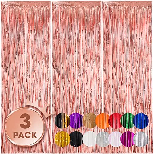 Voircoloria 3 Pack 3.3x8.2 Feet Rose Gold Foil Fringe Backdrop Curtains, Tinsel Streamers Birthday Party Decorations, Fringe Backdrop for Graduation, Baby Shower, Gender Reveal, Disco Party - color: 18 Rose