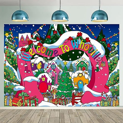 Welcome to Whoville Backdrop 8x6FT Winter Christmas Village Photography Background for Kids First Birthday Baby Shower Happy New Year Xmas Holiday Party Decoration Supplies Photo Props - size: 8x6FT