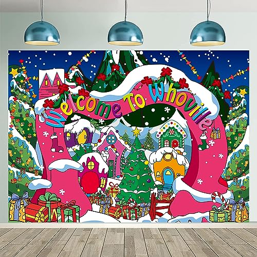 Welcome to Whoville Backdrop 8x6FT Winter Christmas Village Photography Background for Kids First Birthday Baby Shower Happy New Year Xmas Holiday Party Decoration Supplies Photo Props - size: 8x6FT