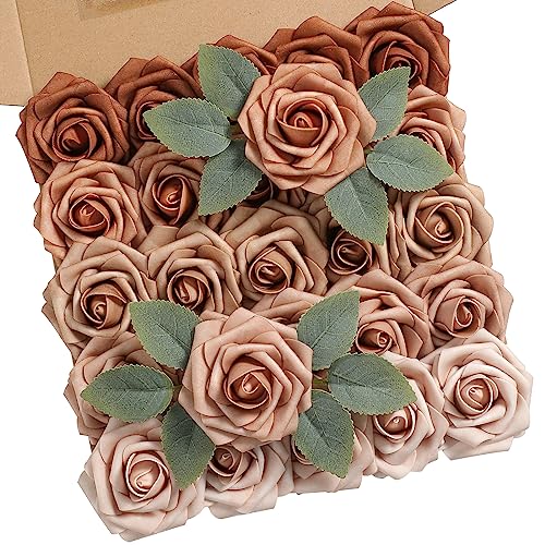 rongflower Artificial Flowers Real Looking Dusty Rose Colors Foam Fake Roses with Stems 25pcs for DIY Wedding Bridal Shower Centerpieces Tables Decorations Party - color: Dusty Rose