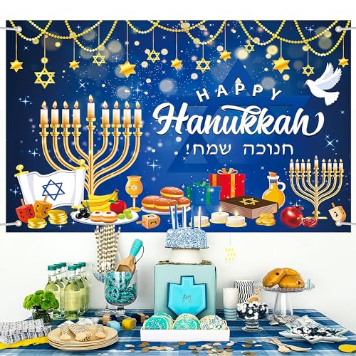 Lucleag Happy Hanukkah Backdrop Banner, 71 x 43 Inch Menorah Blue Shiny Lamps Chanukah Party Background for Hanukkah Decorations, Banner Photography Backdrop for Hanukkah Party Supplies