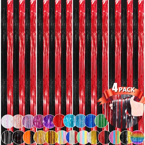 Black Red Metallic Tinsel Foil Fringe Curtains, 4 Pack 3.3x8.3 Feet Streamer Curtains for Birthday Party Decorations, Halloween Decor, Foil Curtain Backdrop for Bachelorette Party - color: Black Red, size: 4 Pack