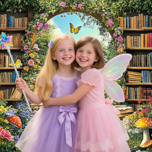 Enchanted Forest Fairy Library Backdrop, Spring Woodland Bookshelf Tea Party Photography Background, Green Floral Plant Birthday Party Decorations Baby Shower Banner Photo Booth Props 6X4FT - color: Brown, size: 6X4FT
