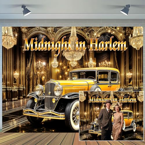 10X10ft Roaring 20s Party Backdrop 1920s Vintage Car Photography Background for Great Gatsby Black Gold Speakeasy Vintage Music Themed Party Decor Photo Studio Props Wall Decor - size: 10X10FT