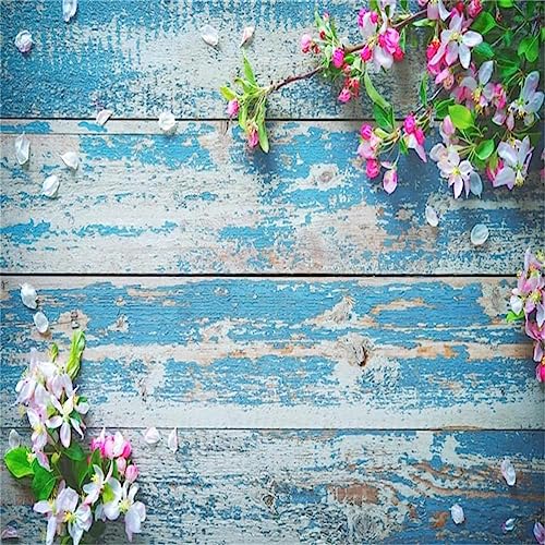 AOFOTO 10x10ft Rustic Blue Wood Planks Photography Backdrop Spring Floral Theme Flower Petal Branches Wooden Board Background Flat Lay Vintage Peeling Off Grunge Hardwood Infant Baby Portrait Props - size: 10x10ft