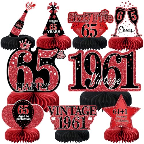 9Pcs 65th Birthday Decorations Red and Black 65th Birthday Party Decorations for Women,Happy 65 Years Vintage 1961 Aged Honeycomb Centerpieces Table Sign Decor Supplies - color: Red Black 65th