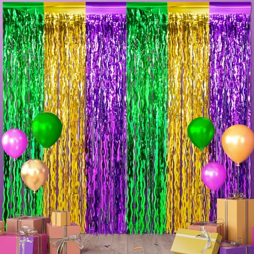 6 Pack 3.3Ft x 6.6Ft Mardi Gras Wavy Foil Fringe Curtain Backdrop Decorations, Purple Gold Green Metallic Tinsel Foil Streamers Curtain Photo Background for Mardi Gras Carnival Wedding Birthday Party - color: Purple Gold and Green
