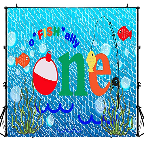 Gone Fishing 1st Birthday Party Customized Photography Backdrop, 8x8FT, O Fish Ally Blue Fishing Nets Bubbles Background, Photo Booth Studio Props BJYYLU358 - size: vinyl-8x8ft