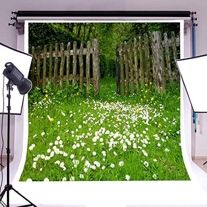 AOFOTO 8x8ft Spring Garden Daisy Flower Backdrop Rustic Wood Fence Summer Meadow Photography Background Forest Wonderland Grass Florets Country Hiking Suburbs Picnic Girl Boy Scouts Photo Studio Props - size: 8x8ft
