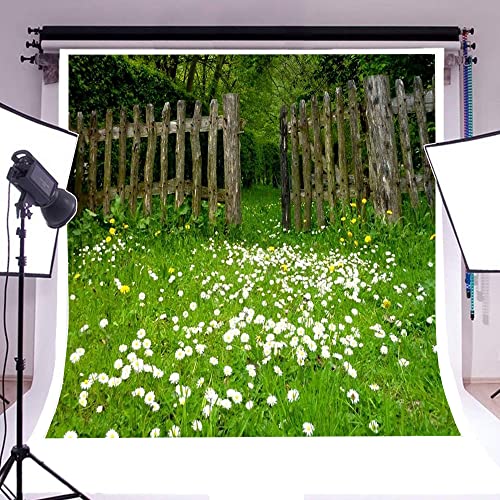 AOFOTO 8x8ft Spring Garden Daisy Flower Backdrop Rustic Wood Fence Summer Meadow Photography Background Forest Wonderland Grass Florets Country Hiking Suburbs Picnic Girl Boy Scouts Photo Studio Props - size: 8x8ft