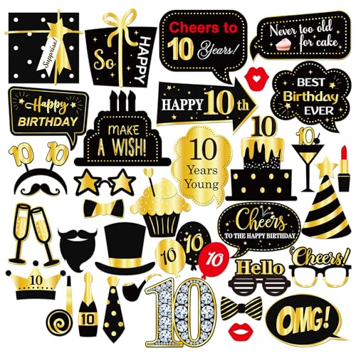 INNORU 10th Birthday Photo Booth Props, Kids 10th Birthday Photoshoot Funny Birthday Party Photography Props Favor Ten Years Old Centerpiece Sticks Decorations Black & Gold 35 PCS - size: 10