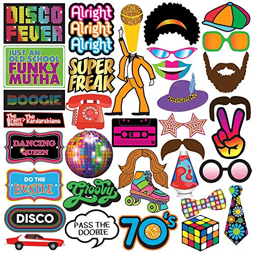 Disco Photo Booth Props - 37 Pieces - 1970s Retro Disco Party Supplies, Decorations and Gifts