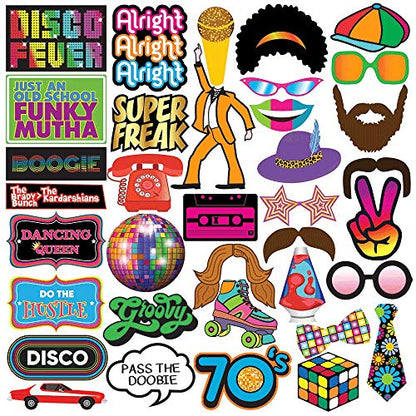 Disco Photo Booth Props - 37 Pieces - 1970s Retro Disco Party Supplies, Decorations and Gifts