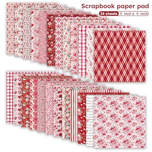 6in Red Flowers Scrapbook Paper Pad - 24 Sheets Double Sided Valentine Aesthetic Patterns for Photos Album Journals Decoupage Card Making DIY Crafts Anniversary Gifts Wrapping Material - color: Romantic love