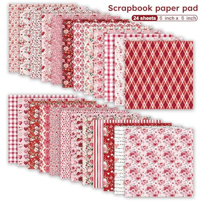 6in Red Flowers Scrapbook Paper Pad - 24 Sheets Double Sided Valentine Aesthetic Patterns for Photos Album Journals Decoupage Card Making DIY Crafts Anniversary Gifts Wrapping Material - color: Romantic love