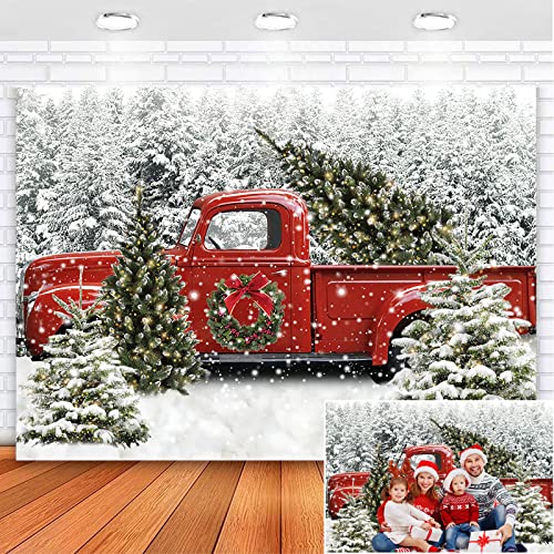 Avezano 8x6ft Christmas Vintage Red Truck with Tree Backdrop Winter Snowy Forest Tree Background Xmas Winter Holiday Family Kids Portraits Backdrops Photoboot Props (8x6) - size: 8x6