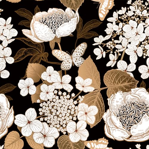 Abyssaly Black and Gold Peel and Stick Wallpaper, Dark Vintage Floral Wallpaper for Shel Liner, Self Adhesive Accent Contact Paper for Cabinets 17.7 in X 118 in - color: Gold, size: 118" x 17.7"