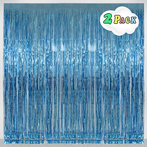 Light Blue Foil Fringe Curtains Party Decorations, Melsan 3.2 x 8 ft Foil Curtains Tinsel Backdrop for Ocean, Baby Shark Theme Birthday Decorations - Pack of 2 - color: Light Blue, size: 3.2 x 8 ft