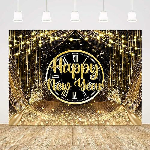 AIBIIN 7x5ft Happy New Year Backdrop 2026 New Years Party Decorations Black Gold New Years Eve Annual Countdown Party Supplies Gold Glitter Champagne Fabulous Family Party Banner Photo Shoot Props - color: Black Gold, size: 7x5ft