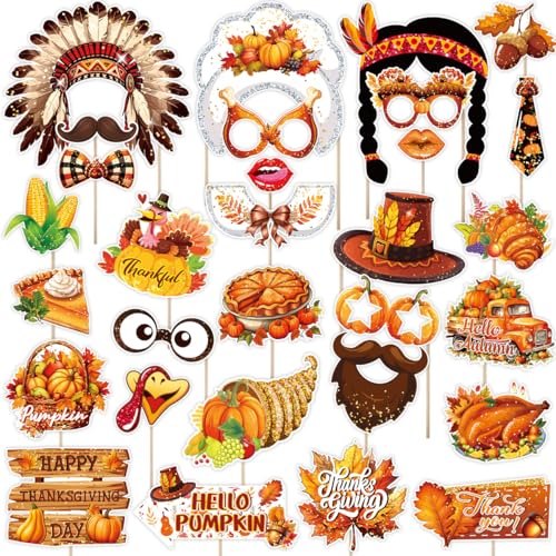 30 Pcs Thanksgiving Photo Booth Props Set, White Cardboard Frame with Bamboo Sticks, Party Decoration