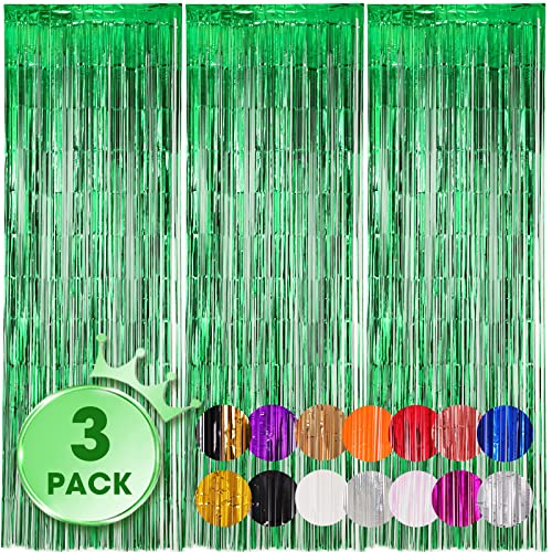 Voircoloria 3 Pack 3.3x8.2 Feet Green Foil Fringe Backdrop Curtains, Tinsel Streamers Birthday Party Decorations, Fringe Backdrop for Graduation, Baby Shower, Gender Reveal, Disco Party - color: 20 Green