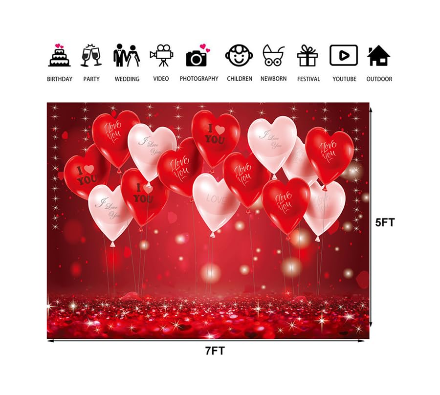 7x5ft Valentine's Day Backdrop Valentine's Day Red Love Heart Balloon Decor Banner Background Valentines Photo Backdrop Valentines Party Supplies 126 - size: 7x5ft