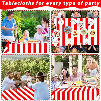 Red and White Striped Tablecloth Roll 52 in x 100 Ft with Slide Cutter Circus Carnival Party Supplies Halloween Christmas Plastic Picnic Table Cover for Indoor Outdoor Events Family Banquet Party - color: Red and White Striped