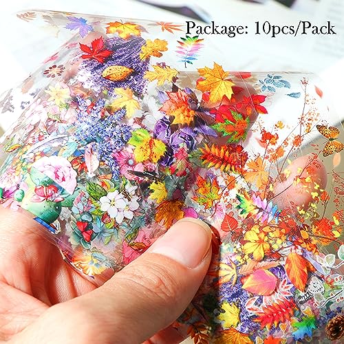 Maple Leaf Nail Foil Transfer Sticker Decals Fall Flowers Nail Art Foil Decals Holographic Autumn Lavender Designs Nail Art Supplies for Thanksgiving Day Women Nail Decorations Films 10 Sheets - style: Maple Leaf