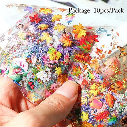 Maple Leaf Nail Foil Transfer Sticker Decals Fall Flowers Nail Art Foil Decals Holographic Autumn Lavender Designs Nail Art Supplies for Thanksgiving Day Women Nail Decorations Films 10 Sheets - style: Maple Leaf
