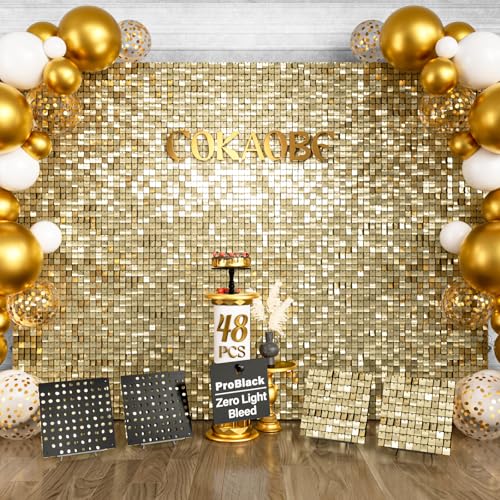COKAOBE Light Gold Shimmer Wall Backdrop 48PCS, Black Back Not See-Through Design, Square Sequin Glitter Backdrop Panel, Perfect for Outdoor Events, Birthdays, Wedding and Party Decoration - color: LightGold, size: 48PCS