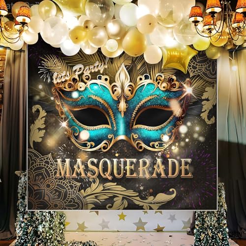 Masquerade Backdrop, Mardi Gras Luxury Glitter Gold Retro Backdrops for Ball Dance Mask Birthday Party Photography Decorations Supplies Favors Banner Photo Booth Props, 10 x 10 ft - size: 10x10ft
