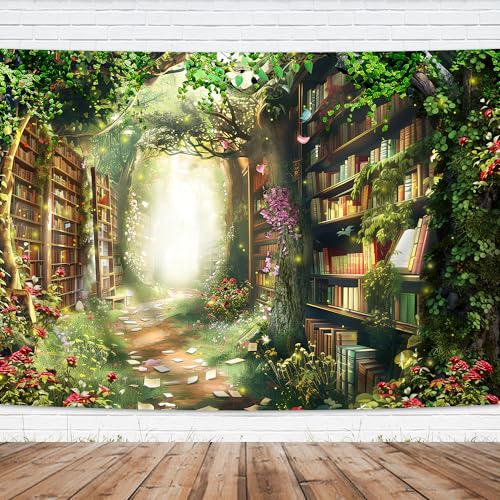 Fairy Woodland Library Backdrop 7Wx5H Feet Enchanted Garden Tale Reading Bookshelf Green Floral Plant Polyester Fabric Magic Nature Photography Backgrounds Photo Shoot Decor Props Decoration - color: A-Fairy03, size: 7Wx5H