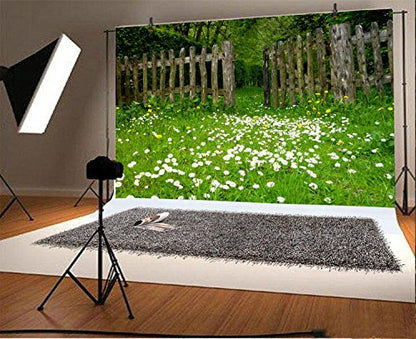 AOFOTO 6x4ft Spring Garden Daisy Flower Backdrop Rustic Wood Fence Summer Meadow Photography Background Forest Wonderland Grass Florets Country Hiking Suburbs Picnic Girl Boy Scouts Photo Studio Props - size: 6x4ft
