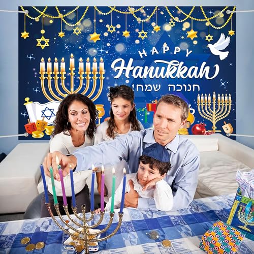Lucleag Happy Hanukkah Backdrop Banner, 71 x 43 Inch Menorah Blue Shiny Lamps Chanukah Party Background for Hanukkah Decorations, Banner Photography Backdrop for Hanukkah Party Supplies
