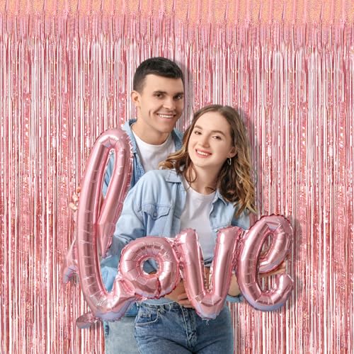 BRAVESHINE Rose Gold Metallic Tinsel Backdrop - 2Pcs 3.2x8.2ft Foil Fringe Curtains Party Streamers for 21st Birthday/Graduation/Bachelorette/Engagement/Anniversary/Bridal Shower Decorations - color: Light Rose Gold