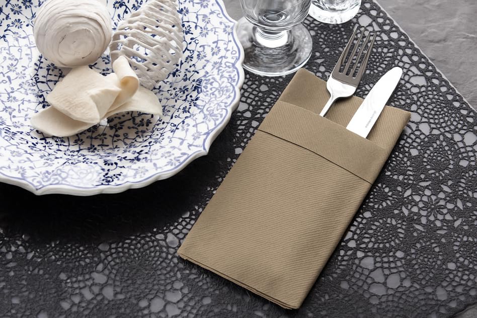 Moyes Home Wood Disposable Dinner Napkins with Pocket - Linen-Feel Pre-Folded Cloth-Like Paper Napkins for Silverware, Weddings, Dinner Parties, 16x16 in, Pack of 50 - color: Wood