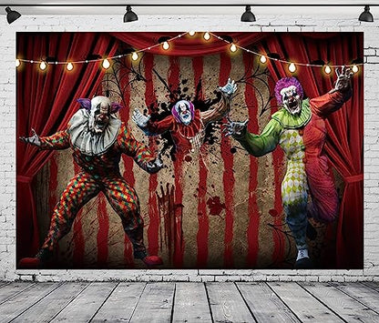 AOFOTO 6x4ft Scary Clown Decorations Backdrop Horror Circus Theme Halloween Photography Backdrop Giant Evil Clown Creepy Bloody Zombie Background Carnival Hallowmas Party Banner Photo Studio Props - size: 6x4ft
