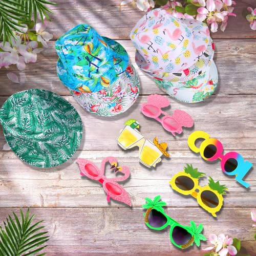NICOWARM 6pcs Luau Fedora Hats, 6pcs Luau Party Sunglasses for Adults, with Luau Patterned includeing Flamingo, Pineapple, Photo Booth Props for Summer, Beach, Luau, Pool, Hawaiian Themed Parties