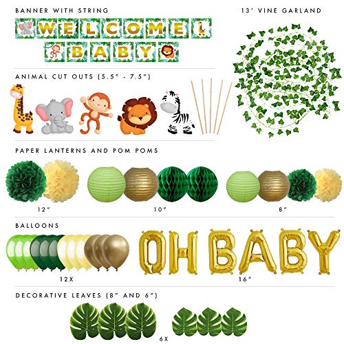Sweet Baby Co. Jungle Theme Safari Baby Shower Decorations with Banner, Animal Centerpieces, Tropical Leaves, Greenery Garland, Lantern, Pom Poms, Oh Baby Balloons, Neutral Party Supplies for Boy Girl