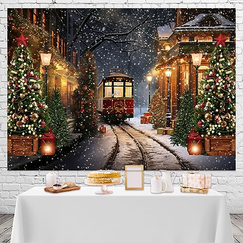 Mocsicka Christmas Train Backdrop for Photography Christmas Town Winter Train Xmas Snow Railway Christmas Tree Party Background Wonderland Snowflake Portrait Photo Studio Props (8x6ft) - size: 8x6ft