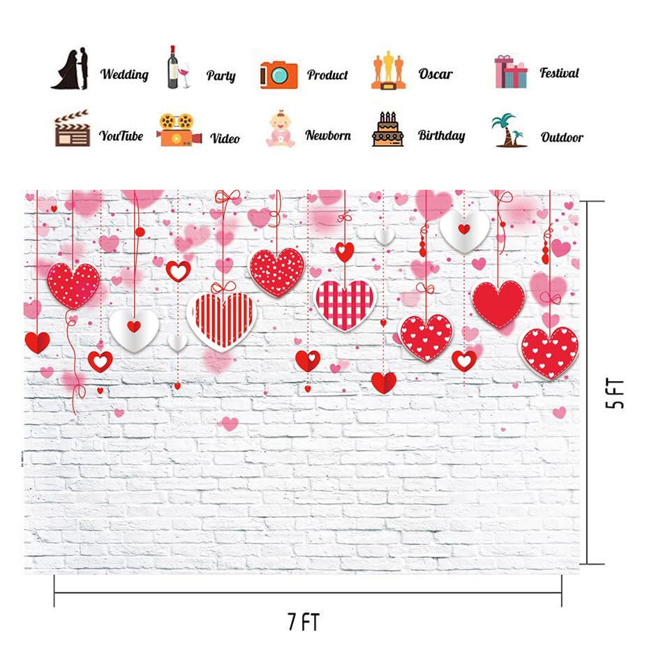 7x5ft Valentine's Day Backdrop White Brick Wall Red Hearts Photography Background for Mother's Day Wedding Bridal Shower Birthday Party Decor Banner Portrait Photo Booth Props 088 - size: 7x5ft
