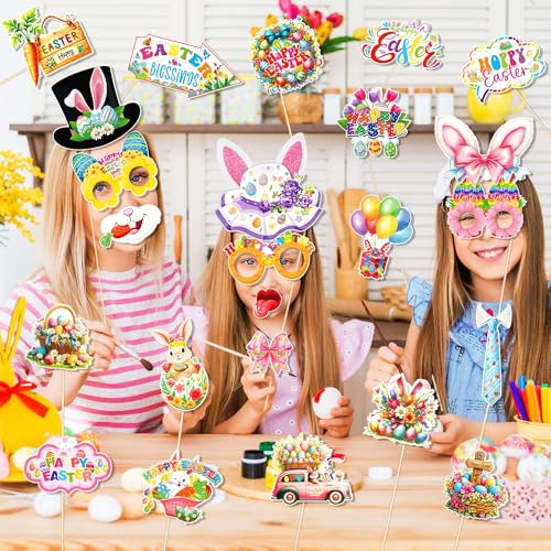 25 Pcs Easter Photo Booth Props with Stick, Bunny Eggs Theme Selfie Props, Happy Easter Day Birthday Party Supplies, Photography Backdrop Decorations